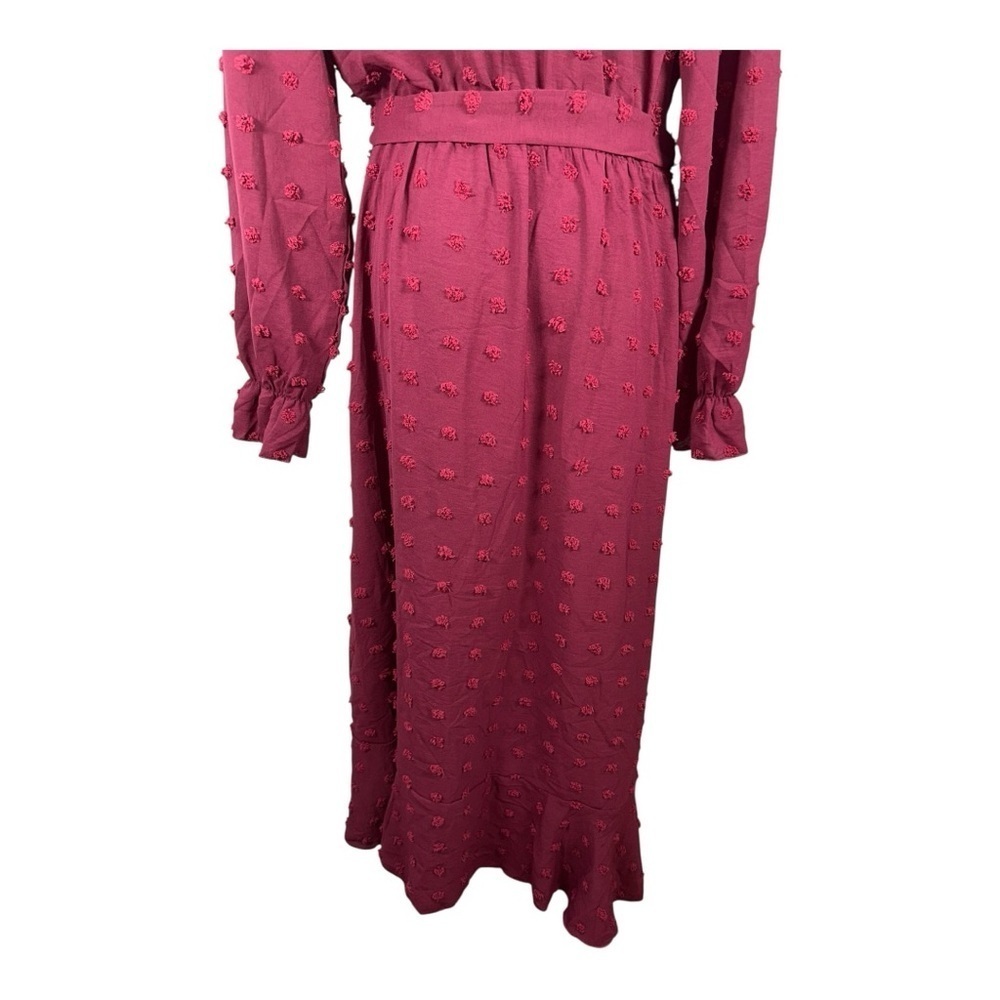 BTFBM Boho Maxi Dress XXL Burgundy Long Sleeve V-Neck Swiss Dot Ruffle Wrap New - Picture 4 of 14